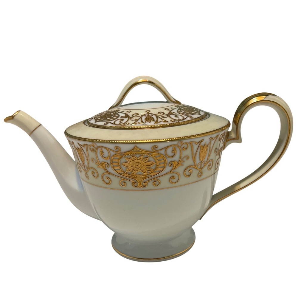 Noritake Teapot Porcelain White Gold Encrusted Floral Hand Painted Japan Vintage
